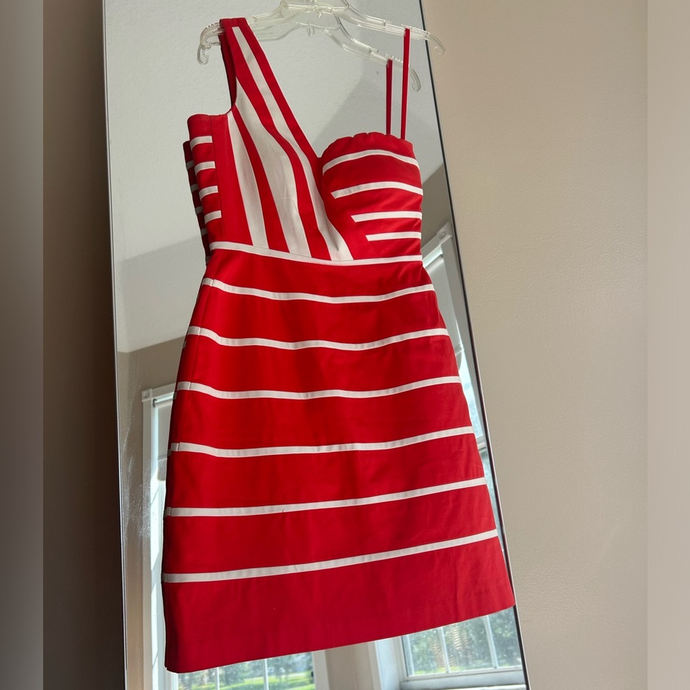 Gianni Bini Red & White Stripped One-Shoulder Dress, Size 0